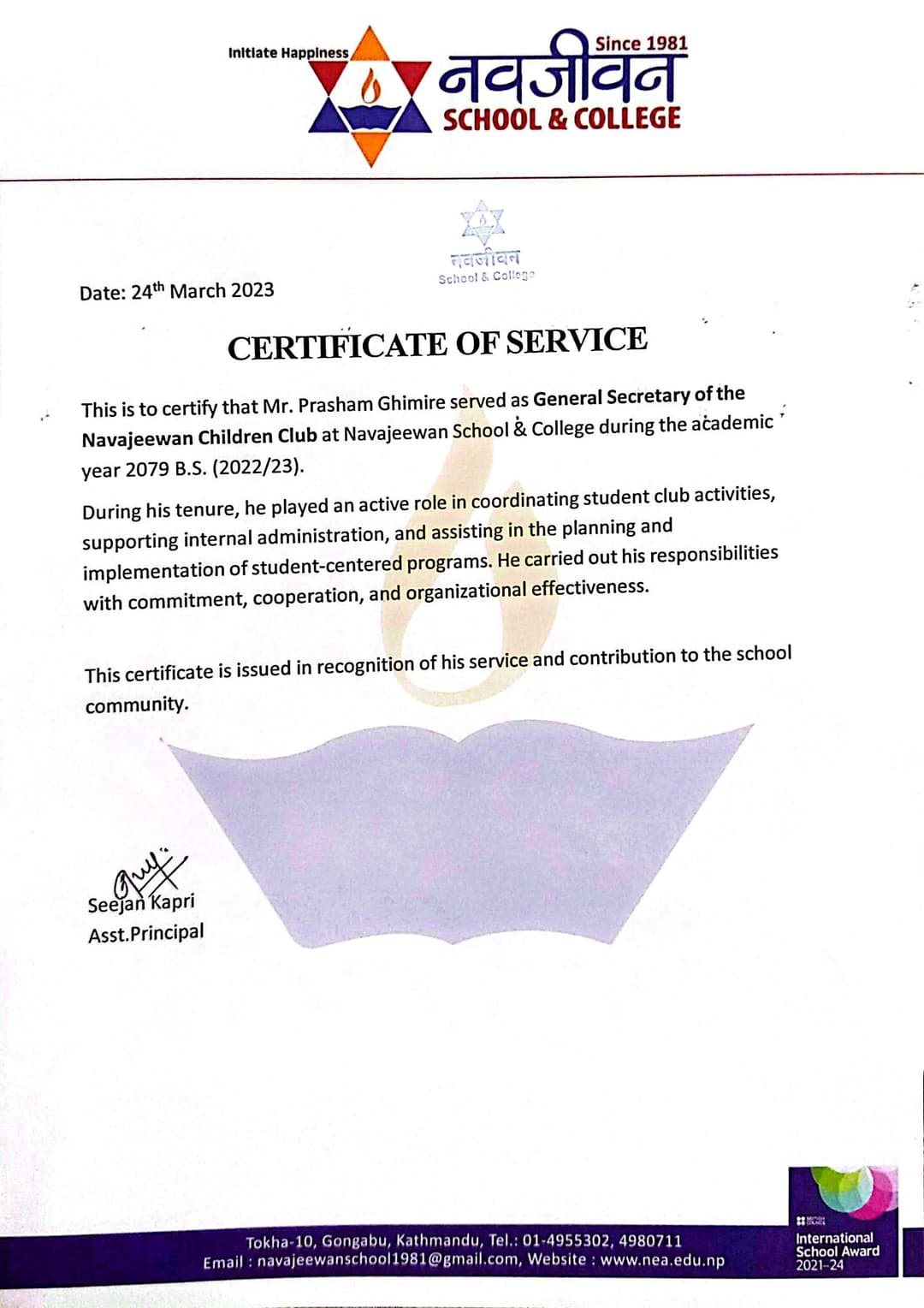 Secretary General, Navajeewan Children's Club